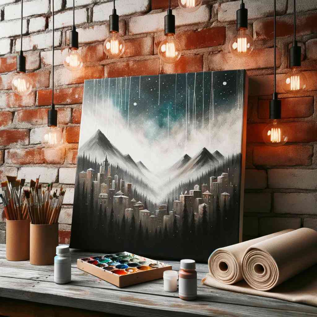 Photo displaying a stretched canvas, fully painted, next to an unpainted rolled canvas. The backdrop is a brick wall with hanging lights, creating an urban art studio vibe. Art supplies, like brushes and paint jars, are in the foreground.