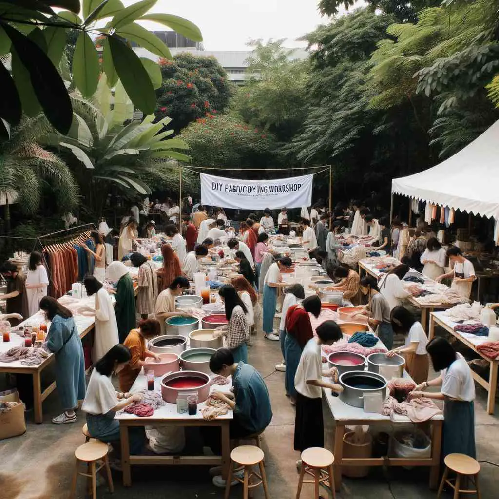 Photo of a DIY fabric dyeing workshop in an outdoor setting. People of diverse genders and descents are engaged in the dyeing process, with fabrics in various stages of dyeing spread out on tables. Trees and plants provide a natural backdrop. A banner overhead reads 'DIY Fabric Dyeing Workshop'.