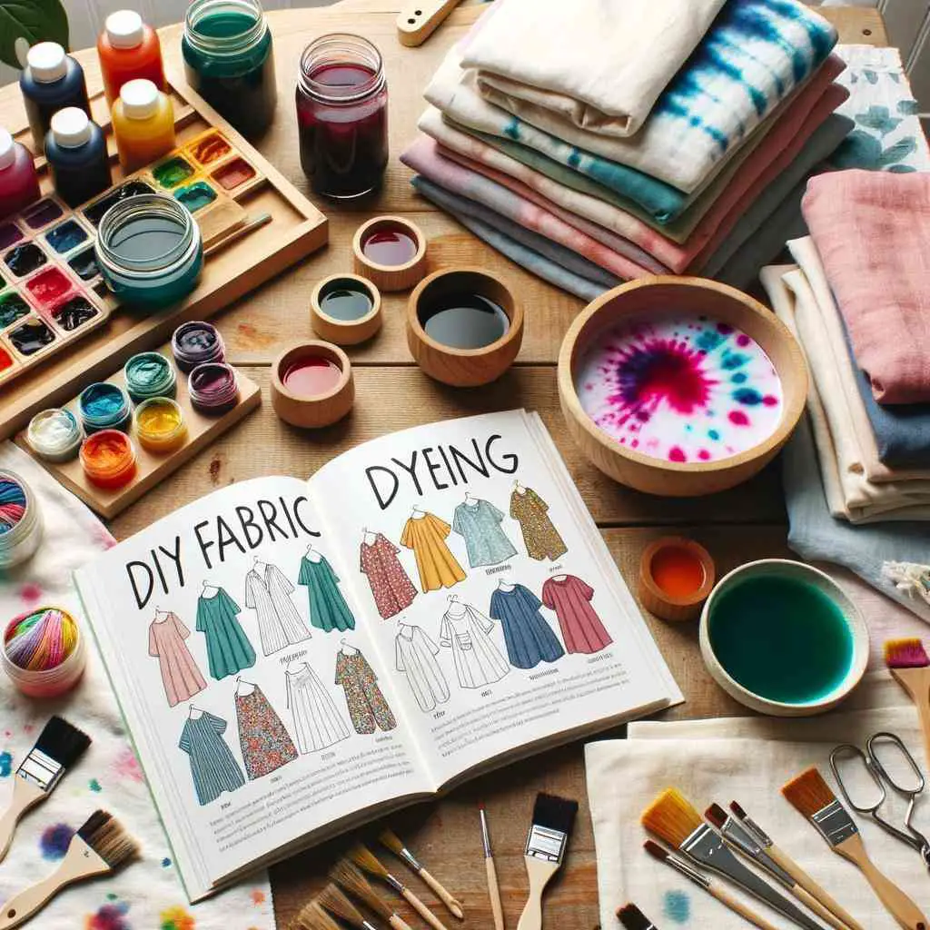 Photo of a bright and airy workspace set up for DIY fabric dyeing. A wooden table holds bowls of vibrant fabric dyes, brushes, and folded fabrics ready to be dyed. Tie-dye patterns in progress can be seen on some of the fabrics. A guidebook titled 'DIY Fabric Dyeing' rests open with illustrated instructions next to a mason jar filled with dyeing tools.