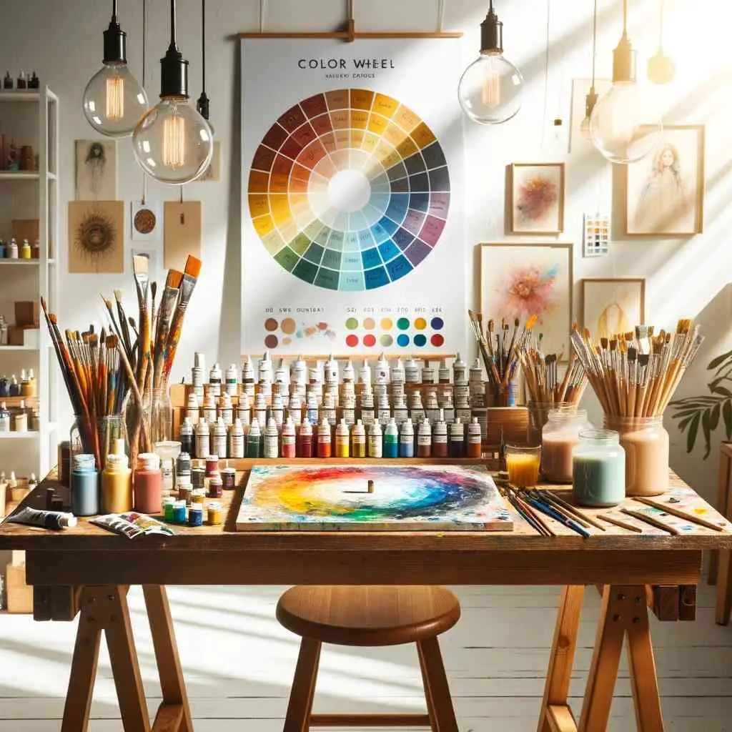 Photo of a bright art studio with sunlight streaming in. In the center, a wooden table holds an array of paint tubes, brushes, and a large mixing palette with various colors being blended together. Above the table, a hanging chart displays the color wheel and mixing techniques.