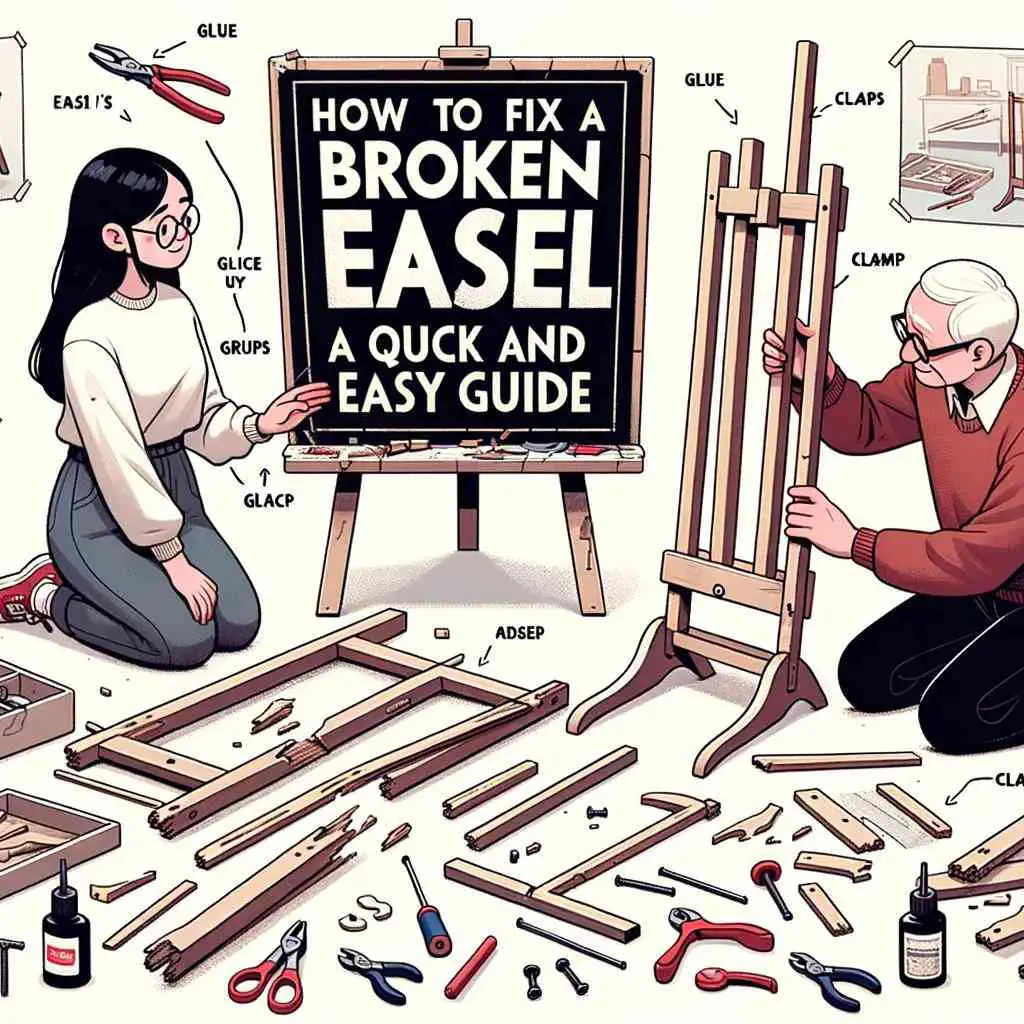 Photo of a broken easel with its parts scattered around. Above it hangs a sign that reads 'How to Fix a Broken Easel: A Quick and Easy Guide'. Nearby, there's a table with tools like glue, clamps, and screws. A young woman and an older man are collaborating, examining the easel's parts.