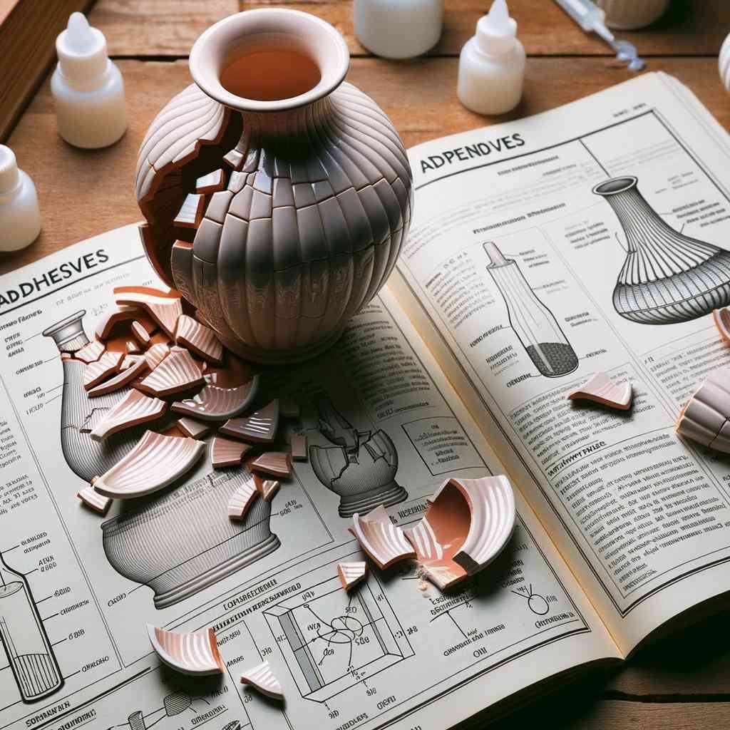Photo of a broken vase with glue failing to hold the pieces together, placed on a wooden table with a manual on adhesives open beside it, showcasing diagrams and texts about adhesive properties.