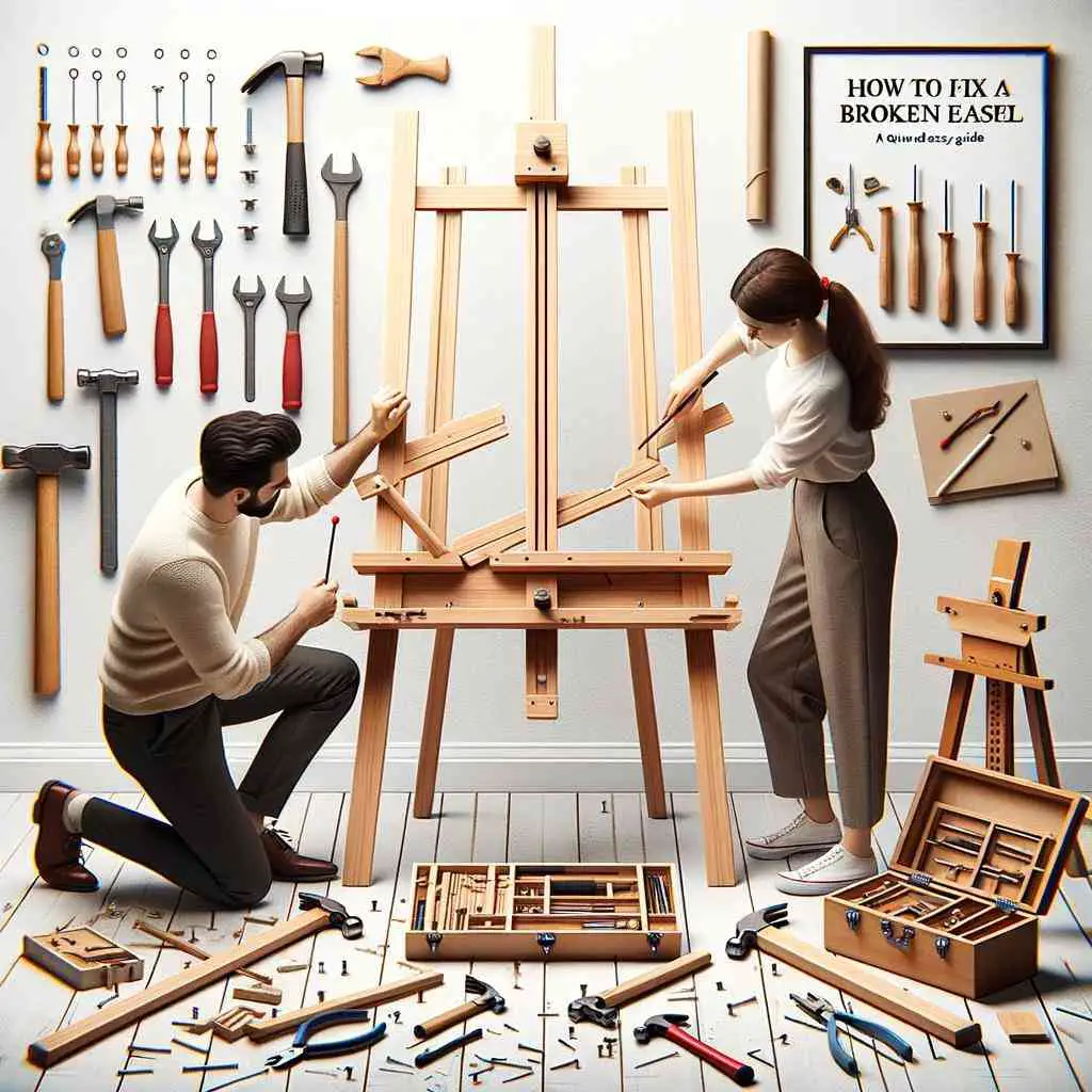 Photo of a broken wooden easel in the center of a well-lit room. Surrounding the easel are various tools including a hammer, pliers, and screws. A large title at the top of the image reads: 'How to Fix a Broken Easel: A Quick and Easy Guide'. A male and female are working together, with the female holding an instruction booklet and the male adjusting a part of the easel.