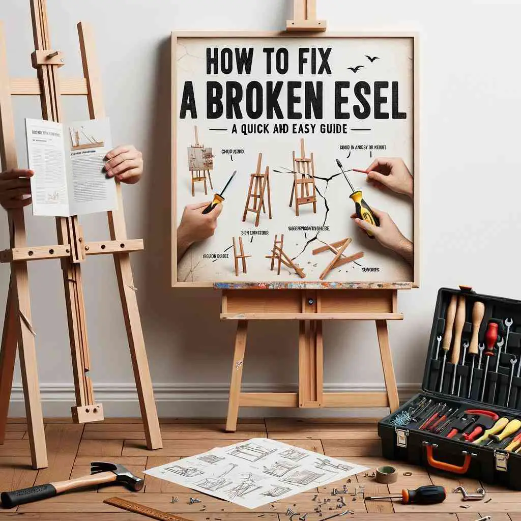 Photo of a broken wooden easel standing on a hardwood floor. Next to it, there's a toolbox with various tools such as a hammer, screwdriver, and some screws. The backdrop is a white wall with a large title written: 'How to Fix a Broken Easel: A Quick and Easy Guide'. A pair of hands, one male and one female, are holding a manual with illustrated steps on fixing the easel.