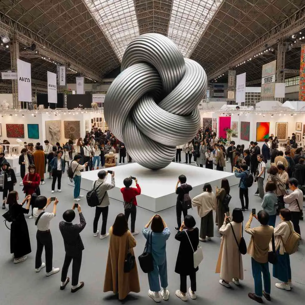 Photo of a central plaza at an artwork fair where a large sculptural piece is on display. Surrounding the sculpture are diverse attendees taking photos and artists explaining their works, with colorful booths in the background.