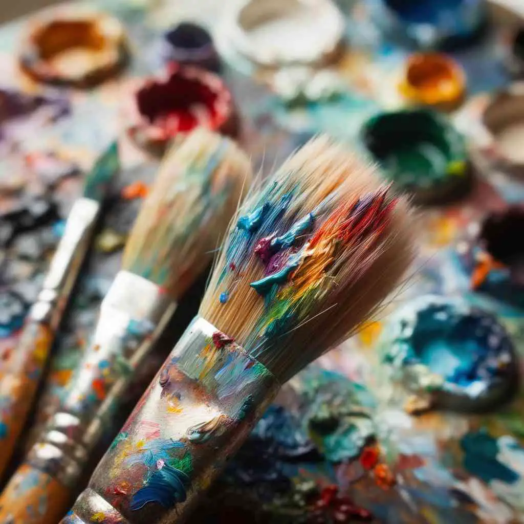 Photo of a close-up view of bristles of oil paint brushes, highlighting the vibrant paint residues from a recent artwork. The background is a blurred artist's palette with mixed colors.
