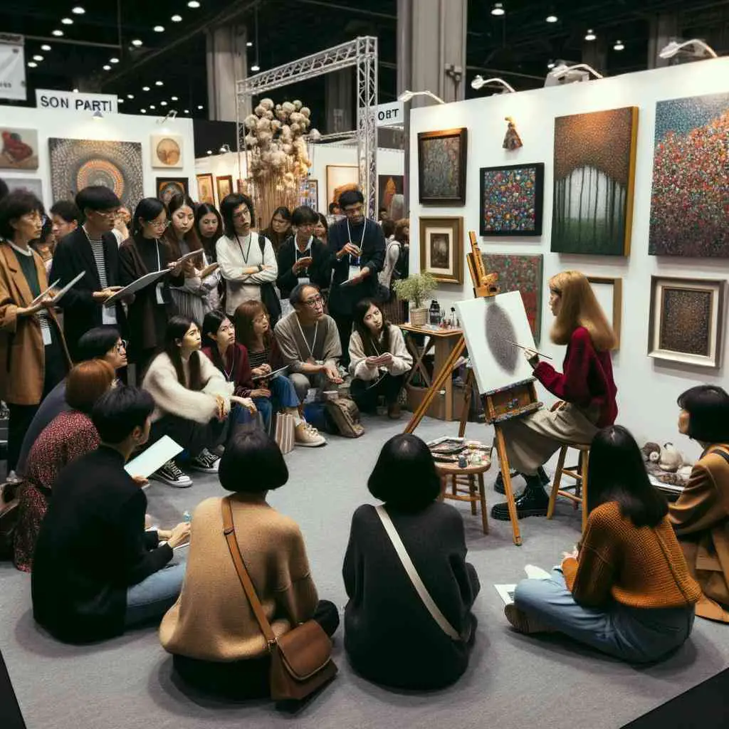 Photo of a cozy artwork fair corner where a female artist is painting live. An intrigued diverse crowd gathers around her, watching her technique. Adjacent booths display a variety of art forms, from sculptures to digital art.