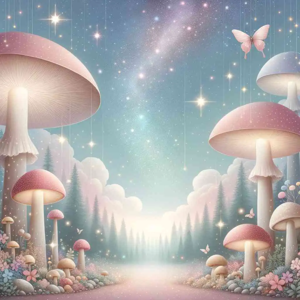 Photo of a digital artwork representing a dreamy forest with oversized mushrooms, sparkling fireflies, and a clear starry sky. The colors are soft pastels with an ethereal glow.