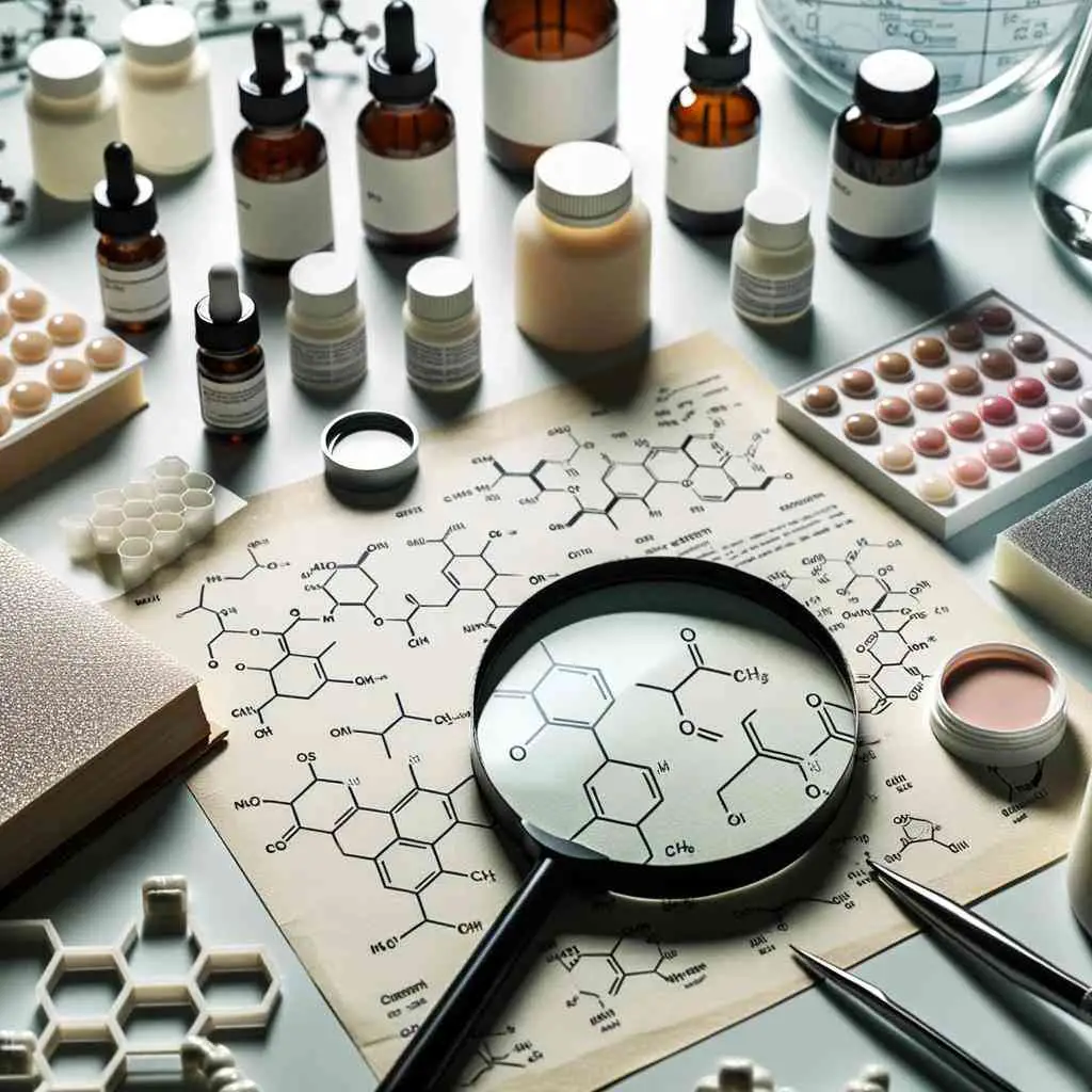 Photo of a laboratory setting with various adhesive samples spread out on a table, magnifying glass focusing on one sample, and chemical structures of adhesives displayed on paper beside them.