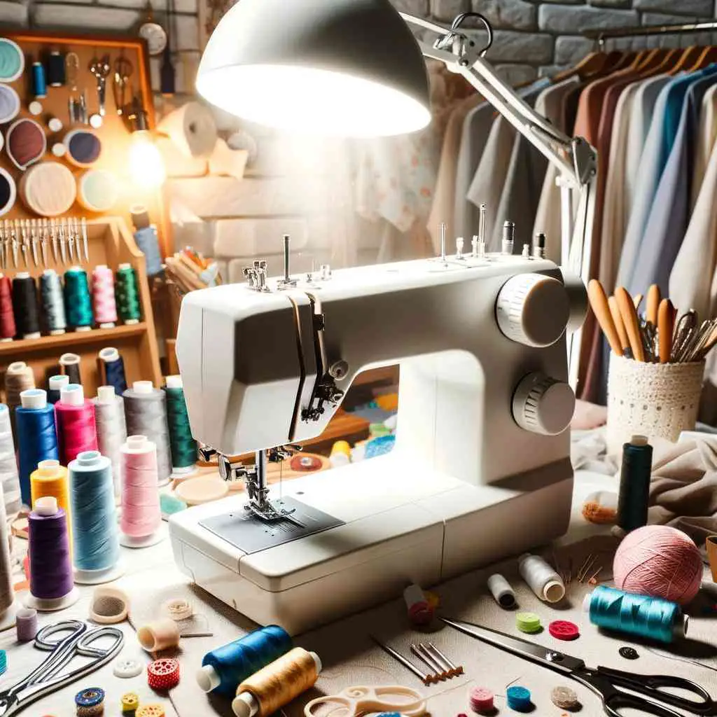 Photo of a professional grade sewing machine in a tailors workshop. The machine is surrounded by various sewing tools colorful threads and fabric scraps. A bright lamp shines over the workspace