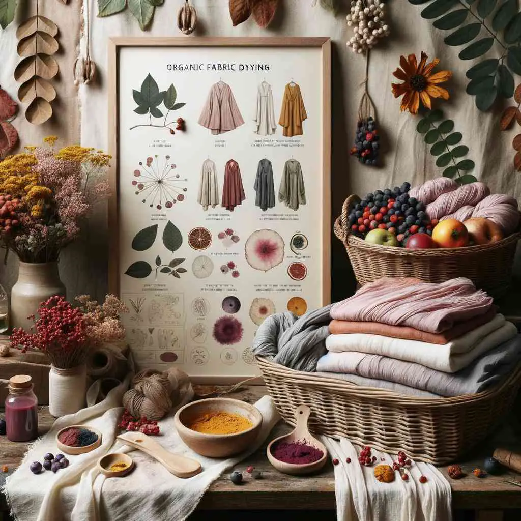 Photo of a rustic setting with natural elements like leaves, flowers, and fruits used for organic fabric dyeing. Fabrics in soft hues are spread out, showcasing various dyeing techniques. A poster on the wall illustrates the step-by-step process of 'DIY Fabric Dyeing'. A basket of fresh ingredients like berries and turmeric sits next to the fabrics.