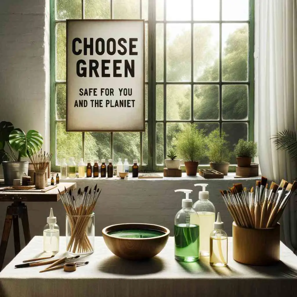 Photo of a serene art studio with large windows allowing natural light to pour in. On a table, there are bottles of eco-friendly brush cleaner, a bowl of vegetable oil, and brushes soaking. A sign hangs above reading 'Choose Green: Safe for You and the Planet'.