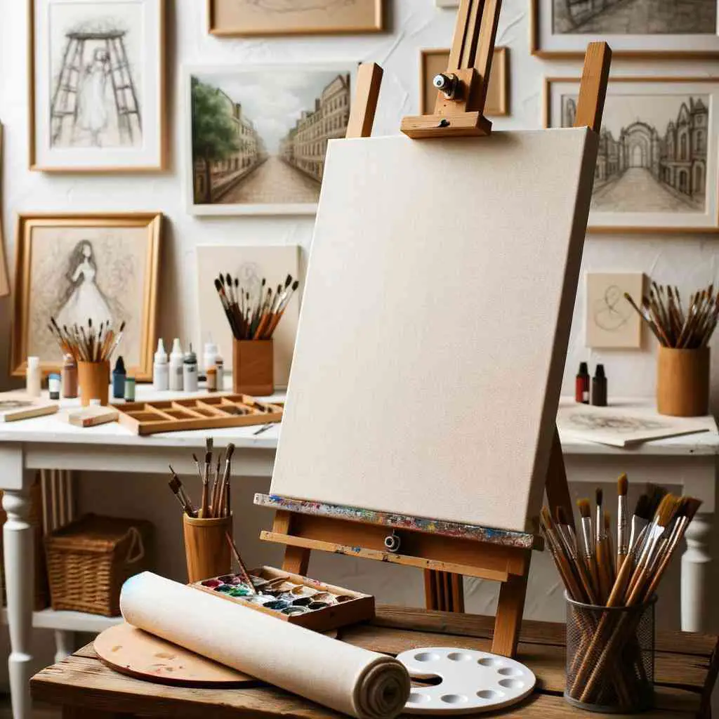 Photo of a stretched canvas on a wooden easel, with a rolled canvas beside it on a table. The setting is a cozy artist's studio with sketches and paintings on the wall. Brushes, palettes, and paint tubes are organized around the canvases.