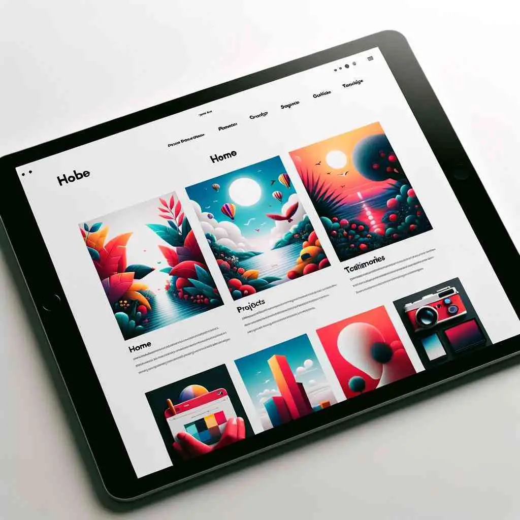 Photo of a tablet showing a modern portfolio website. The site has a clean white background, highlighting vibrant artwork thumbnails. On the side, there's a vertical navigation bar with icons for 'Home', 'Projects', and 'Testimonials'.