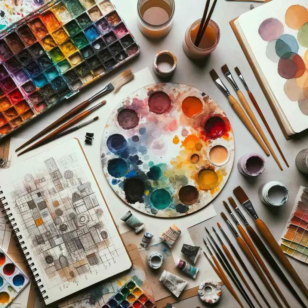 Photo of a top-down view of an artist's workspace. The main focus is a palette filled with various mixed colors, brushes dipped in different hues, and a sketchbook showing color studies and notes on mixing techniques.