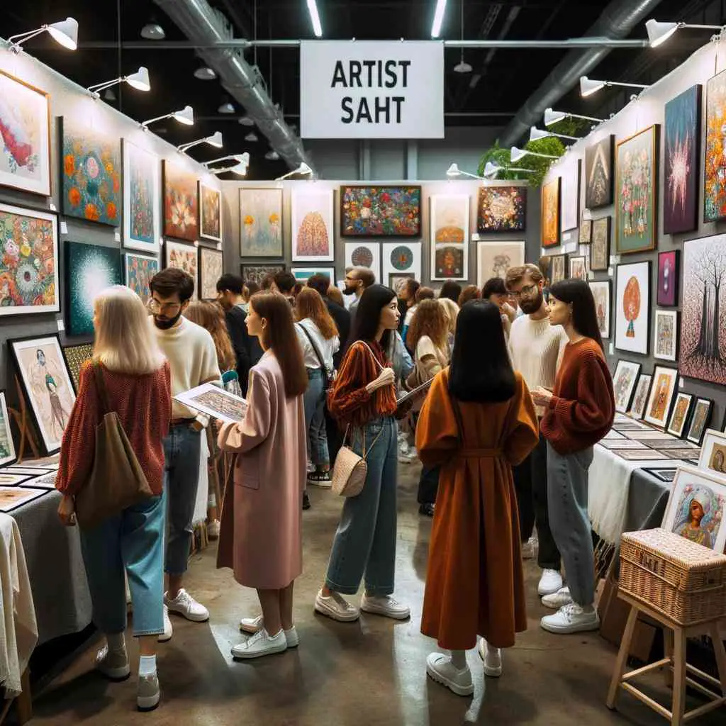 Photo of a vibrant artwork fair with diverse artists showcasing their creations in well-lit booths. Attendees of various descent and gender are admiring the artworks, discussing their details, and interacting with the artists.