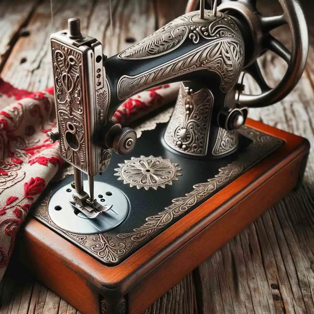 Photo of a vintage sewing machine with intricate metalwork designs on a rustic table. The pedal and wheel are visible and theres a piece of red fabric placed under the presser foot ready to be