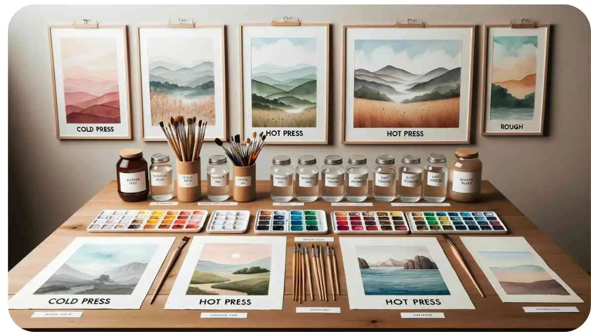 Photo of a wide wooden table landscape setup with different types of watercolor paper spread out. Each paper type, such as cold press, hot press, and rough, is labeled clearly. Beside them are jars of water, brushes, and colorful watercolor paints. The backdrop features a neutral wall with hanging artworks made on various paper types.