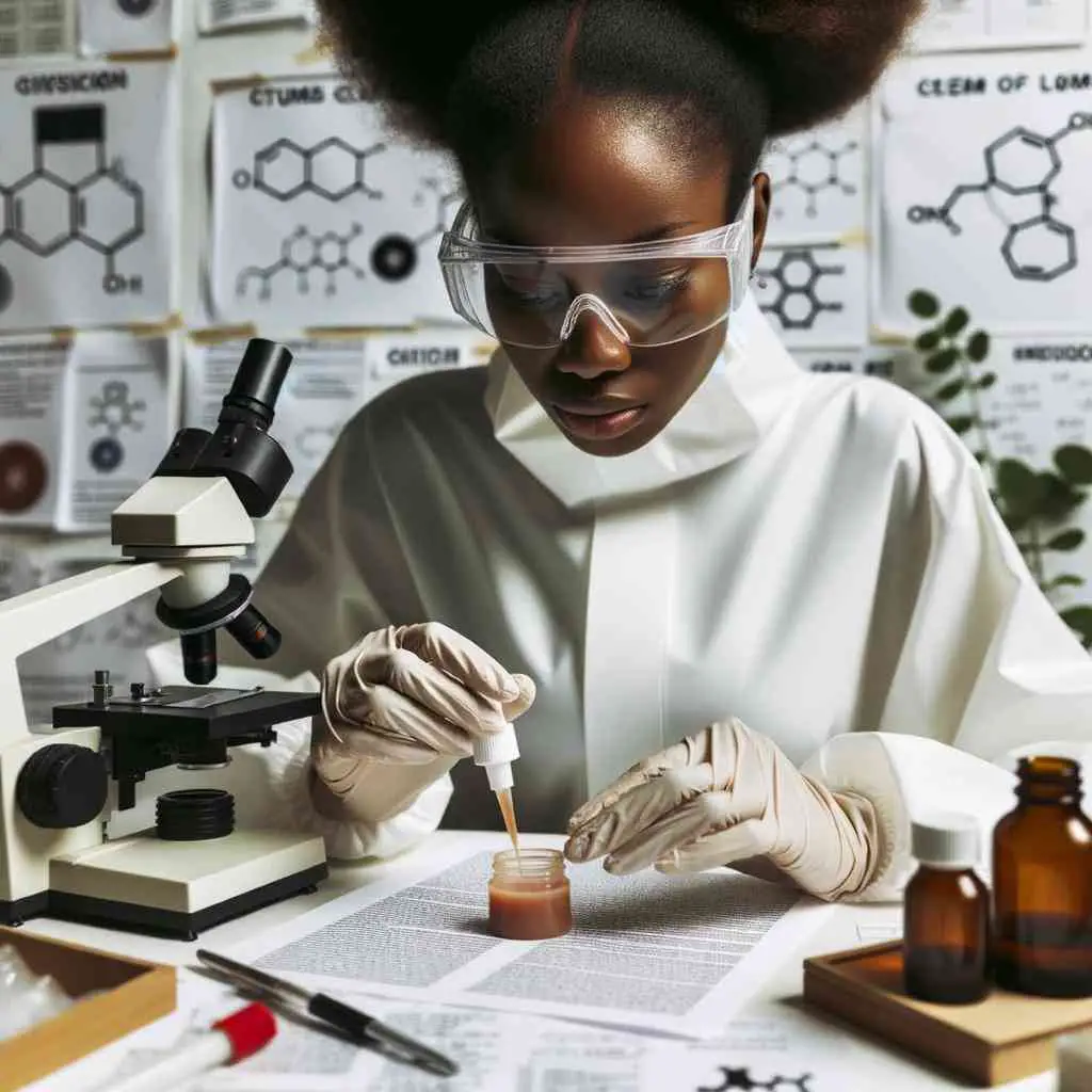 Photo of a woman of African descent wearing protective eyewear, closely examining a glue sample under a microscope, with notes and adhesive formulas scattered around her workspace.