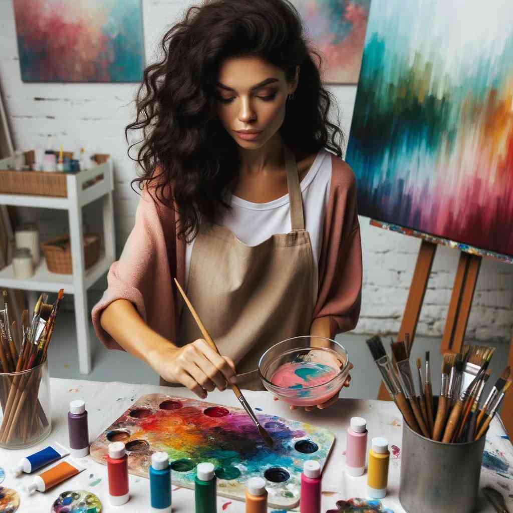 Photo of a woman with dark curly hair, wearing an apron, focused on mixing vibrant paint colors on a glass palette. Surrounding her are scattered brushes, paint tubes, and a canvas depicting a color gradient.