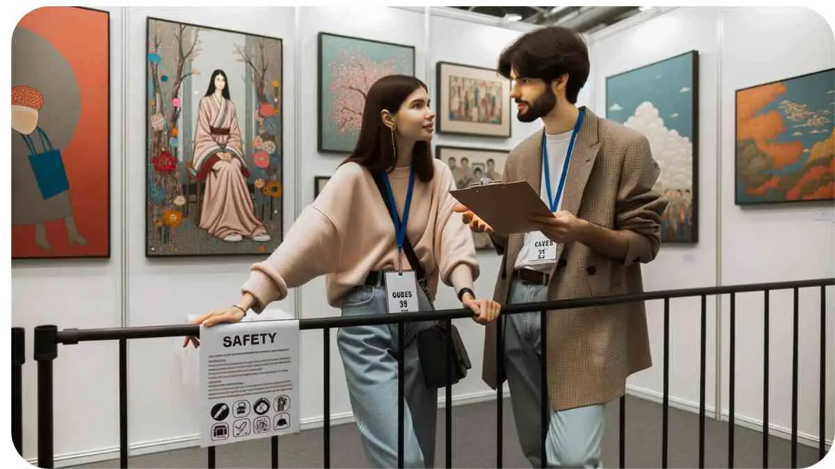 Photo of an art fair booth where a female artist is discussing her artwork with a male attendee. Both are wearing name tags and maintaining social distance. There are clear barriers between the artworks and a poster with safety guidelines is visible.