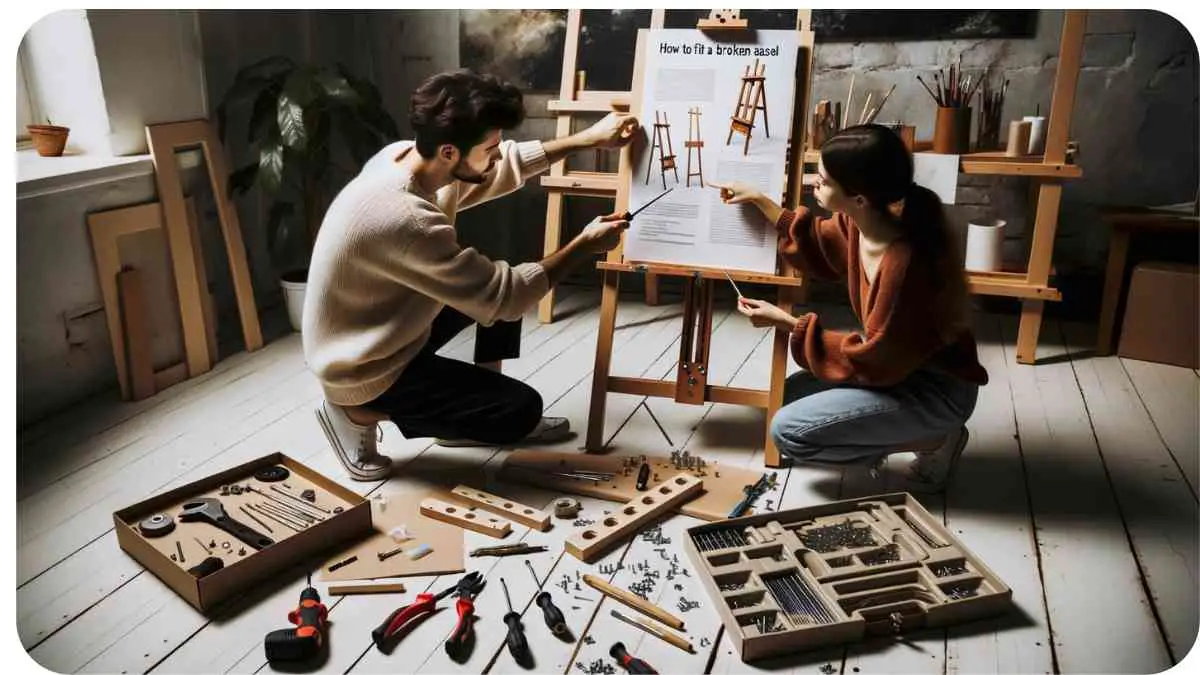 Photo of an art studio with a broken easel in the spotlight. The surrounding area is organized with tools, replacement parts, and an instructional booklet titled 'How to Fix a Broken Easel'. A male and female artist are intently focused on the repair process, with the male holding a screwdriver and the female pointing at a specific step in the guide.