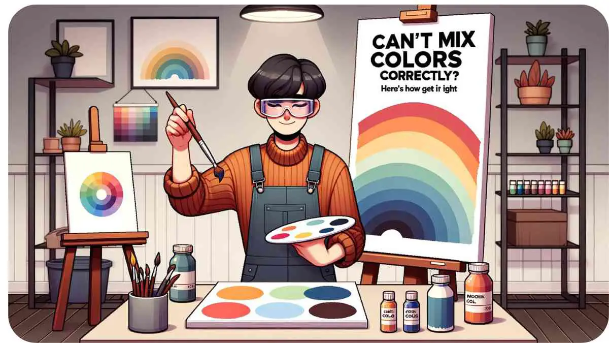 Photo of an art studio with scattered paint tubes, brushes, and palettes. A Caucasian man with a beard is carefully mixing two colors together, while referencing a color chart. In the foreground, a poster displays the text: 'Can't Mix Colors Correctly? Here's How to Get it Right'.