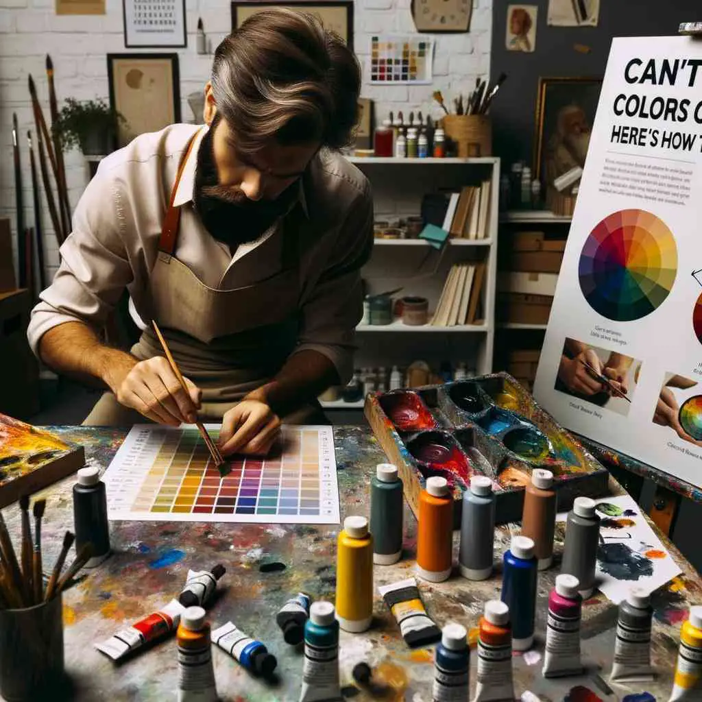 Photo of an art studio with scattered paint tubes, brushes, and palettes. A Caucasian man with a beard is carefully mixing two colors together, while referencing a color chart. In the foreground, a poster displays the text: 'Can't Mix Colors Correctly? Here's How to Get it Right'.