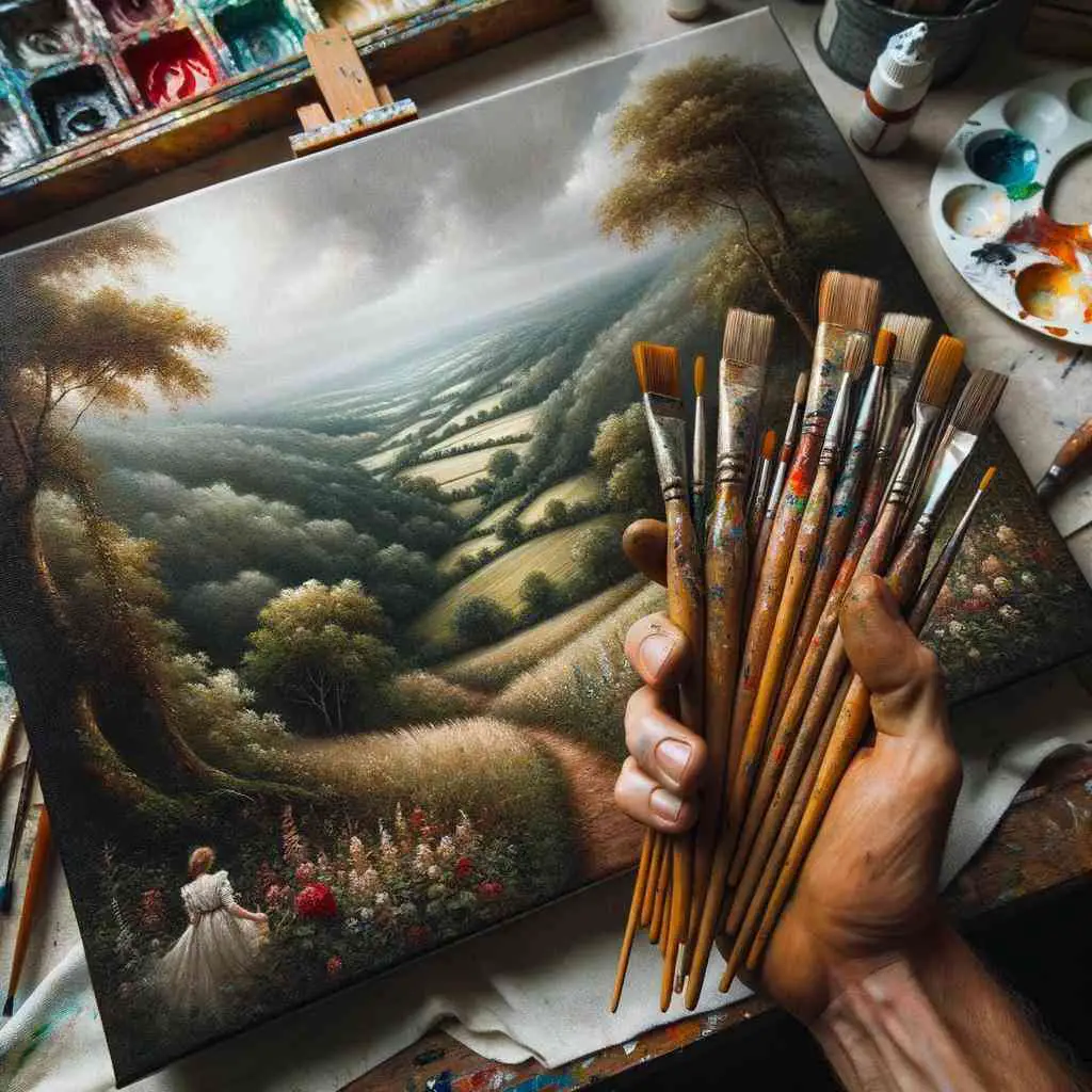 Photo of an artist's hand holding a set of oil paint brushes, with a canvas bearing an unfinished oil painting in the background.