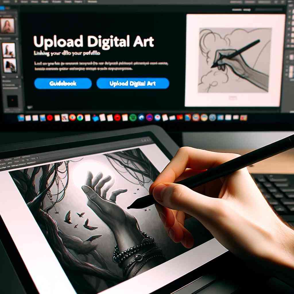 Photo of an artist's hand holding a tablet stylus, drawing a digital artwork. In the background, a computer screen shows a portfolio website being built. There's a visible tab titled 'Upload Digital Art'. A guidebook with the title 'Linking Your Digital Art to Your Portfolio' is partially visible.
