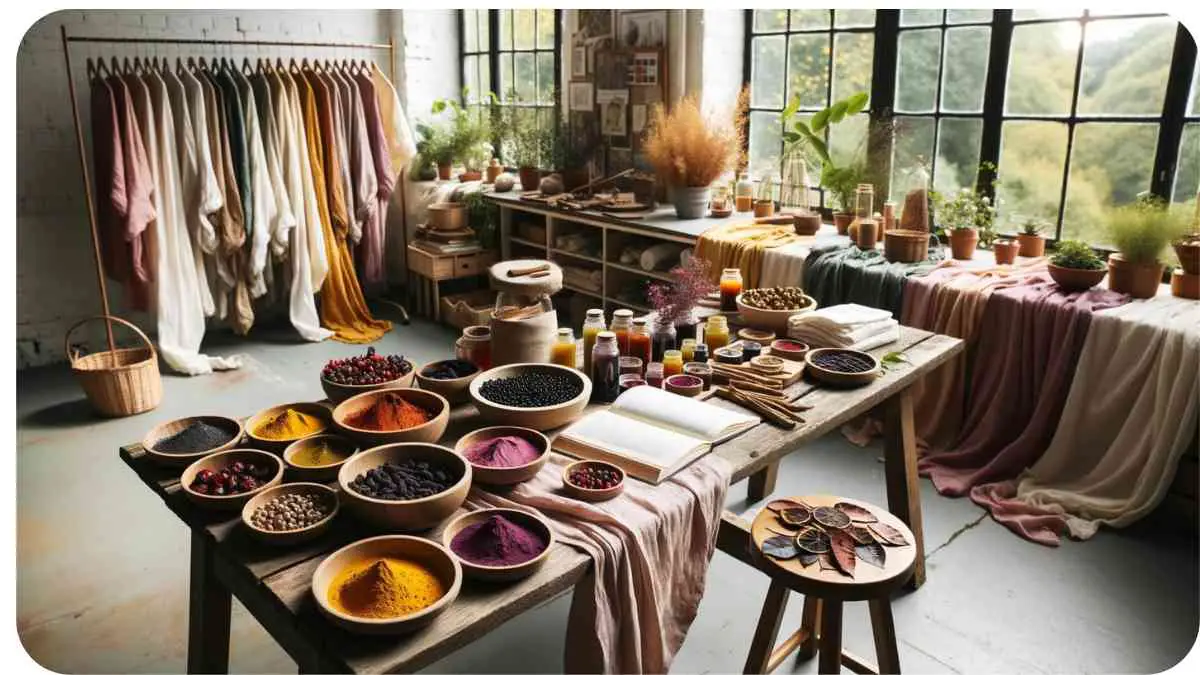 Photo of an artist's studio with large windows letting in natural light. On a long wooden table, there are bowls filled with natural ingredients like turmeric, berries, and leaves, used for organic fabric dyeing. Fabrics of various colors are draped and drying, showcasing the results of the dyeing process. A book titled 'DIY Fabric Dyeing: A Comprehensive Guide' is open on a nearby stool, revealing detailed techniques.