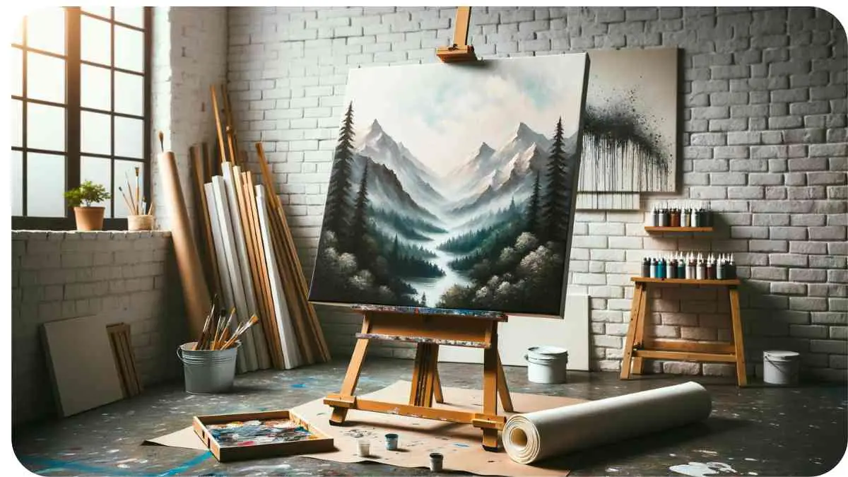 Photo showcasing a stretched canvas displayed on an easel and a rolled canvas leaning against the wall. The background is a well-lit artist studio with paint splatters on the floor and walls, emphasizing the creative process.