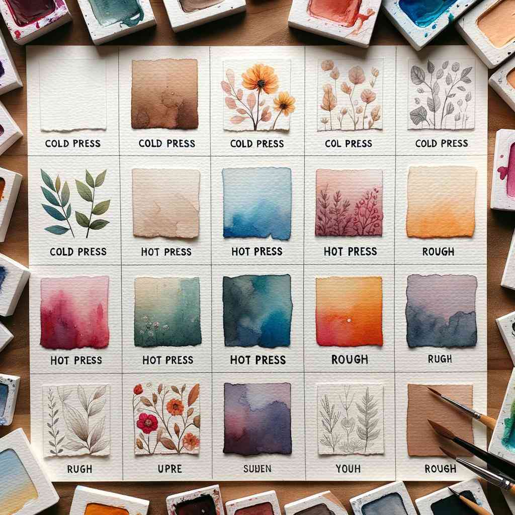 Square photo of a collection of watercolor papers labeled by type, such as 'cold press', 'hot press', and 'rough'. Each paper type is paired with a painted sample that matches its best use, showcasing various artistic styles and techniques.