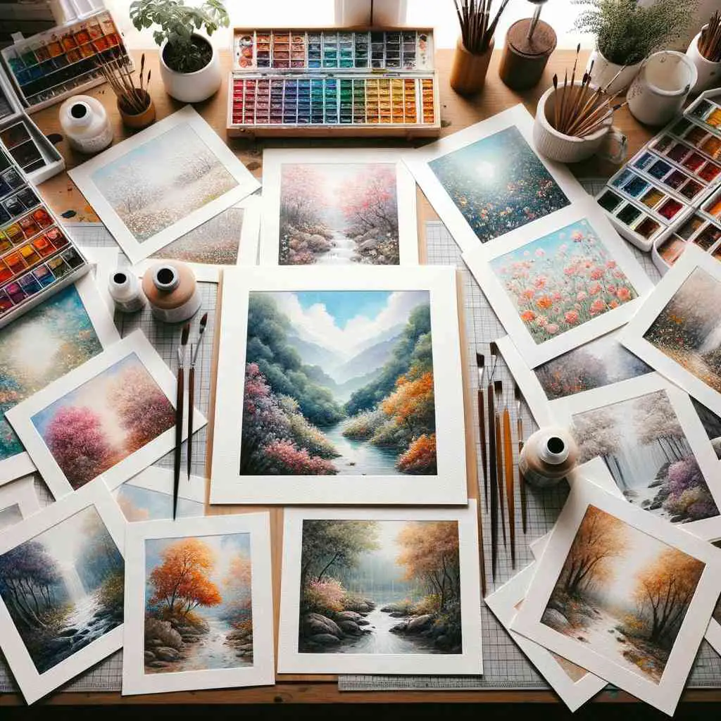 Square photo of a well-lit art studio with an array of watercolor paper sheets spread out on a table. Each sheet has a different painting, emphasizing the compatibility of the paper type with the artistic style applied.