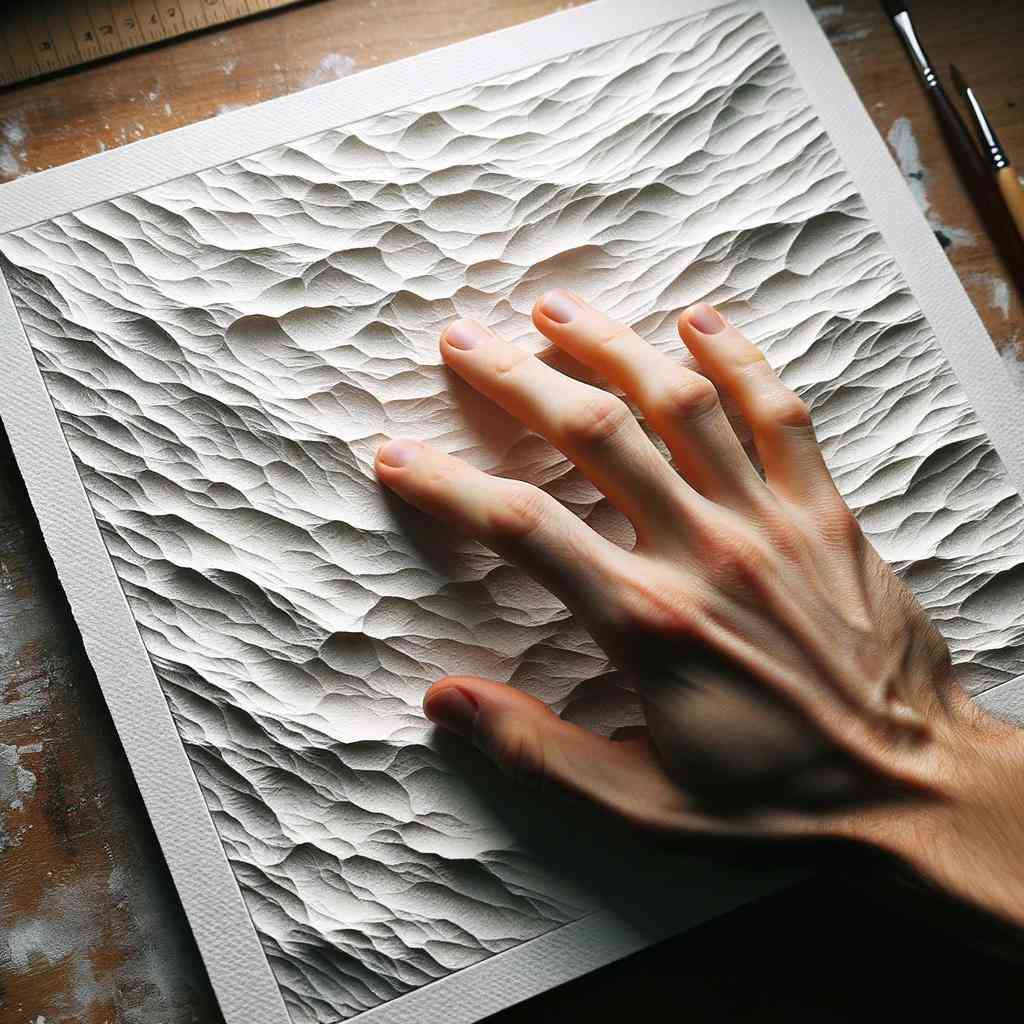 Square photo of an artist's hand touching the surface of a cold-pressed watercolor paper, illustrating its tactile quality and unique texture.