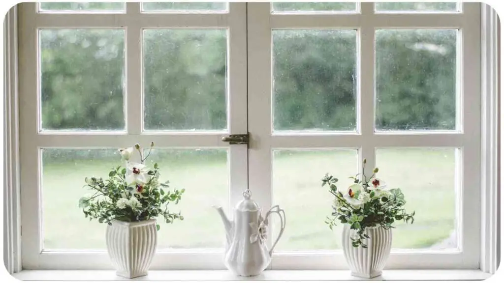 two vases with flowers sit on a window sill