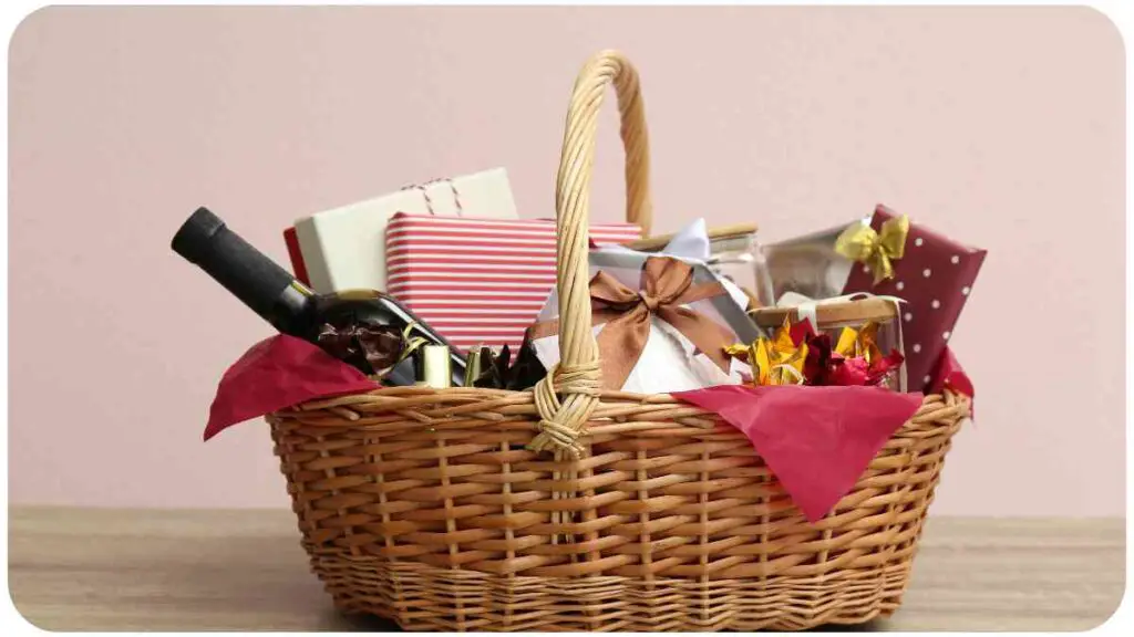 a wicker basket filled with gift items on a wooden table