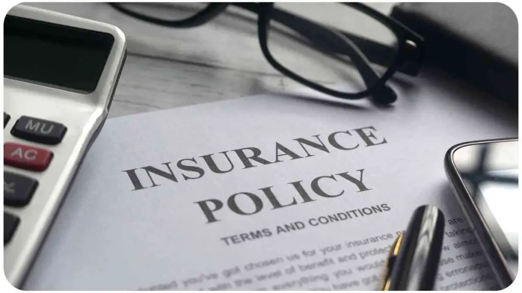 insurance policy on a desk with glasses, calculator and pen