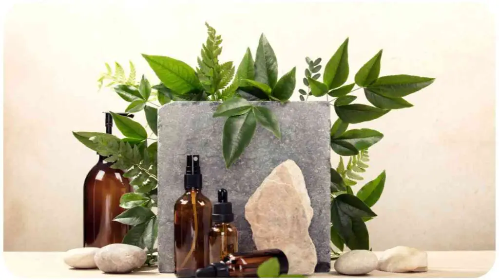 essential oil bottles, stones and leaves on a table