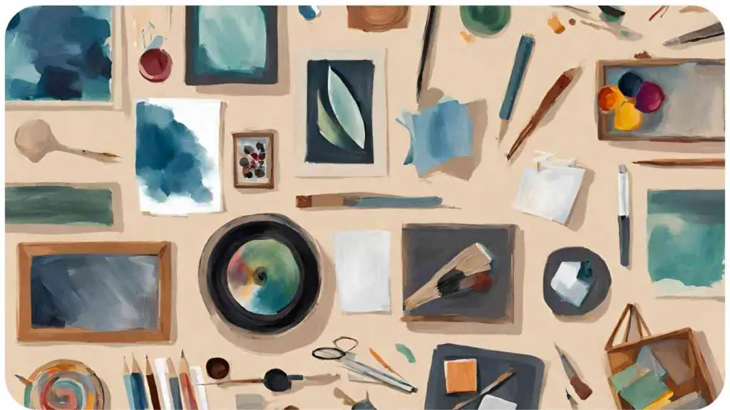 an illustration of various art supplies on a beige background