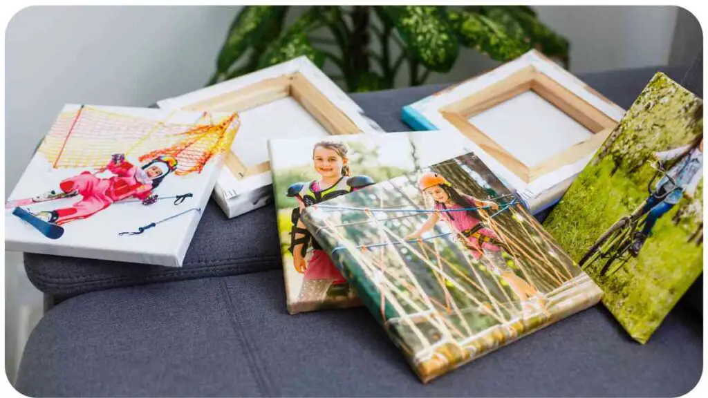 several photo frames sitting on top of a couch