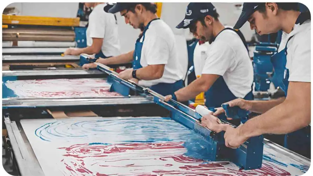 a group of people working on a large screen printing machine