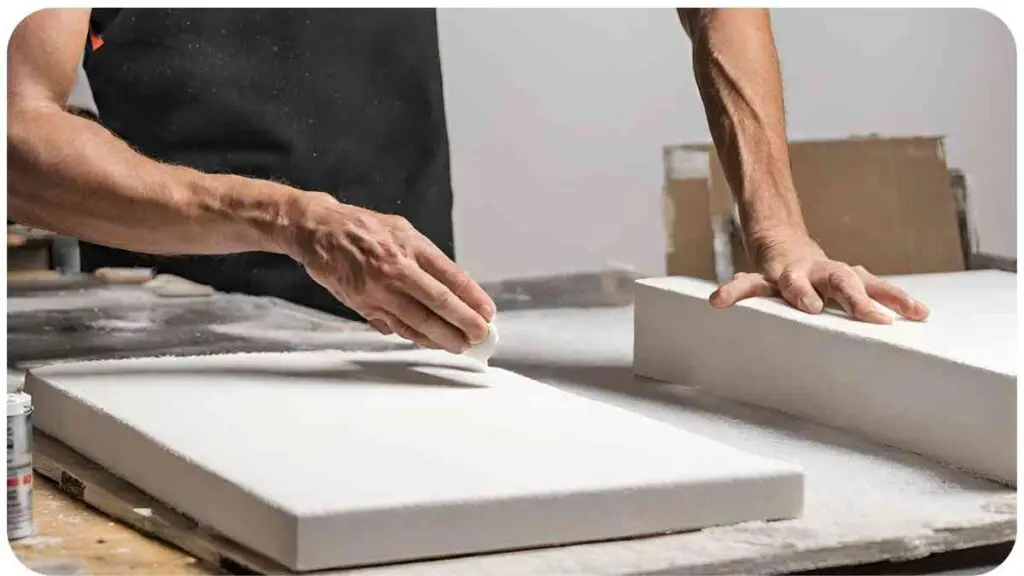 a person is sanding a piece of white foam on a table