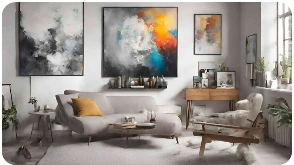 a living room with a couch, chair and paintings on the wall